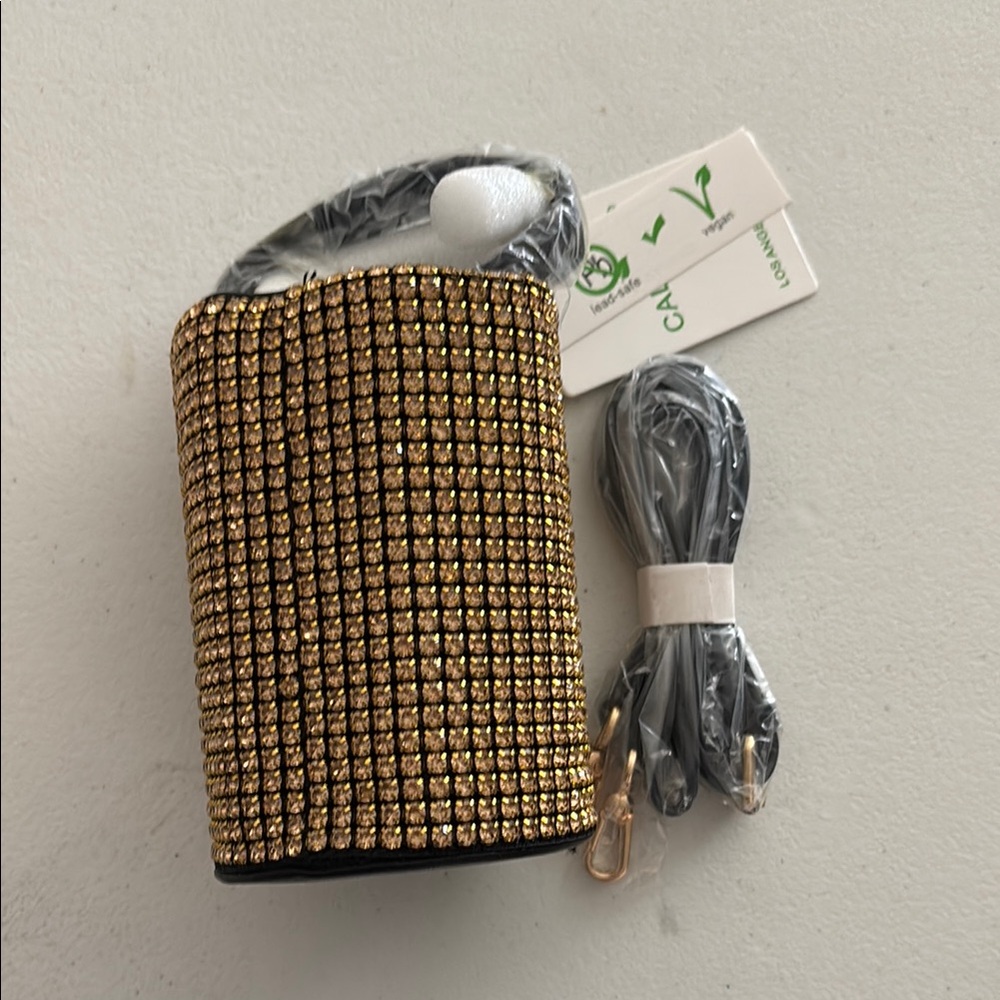 Caleesa mini barrel rhinestone bag gold NWT